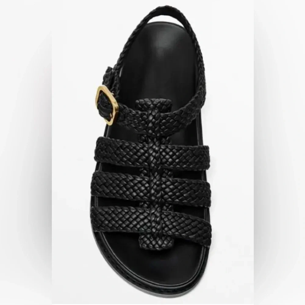 Woven Strap Black Women’s Sandals with Gold Buckle - Picture 4 of 9